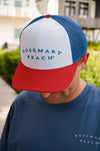 Red White and Blue Rosemary Beach® trucker hat with embroidered front logo