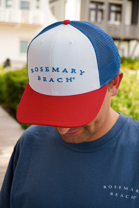 Red White and Blue Rosemary Beach® trucker hat with embroidered front logo