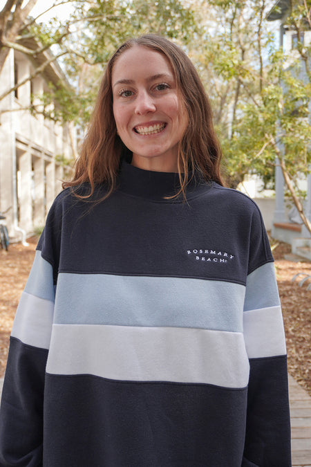 Navy Rosemary Beach® Mock Neck Sweatshirt with White and Blue Chest Stripe