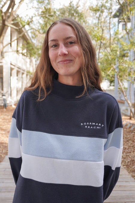 Navy Rosemary Beach® Mock Neck Sweatshirt with White and Blue Chest Stripe