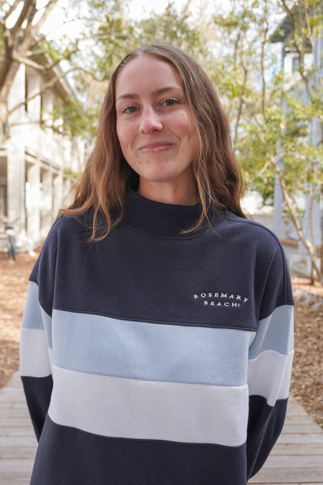 Navy Rosemary Beach® Mock Neck Sweatshirt with White and Blue Chest Stripe