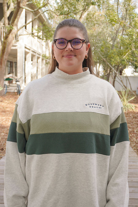 Oatmeal Heather Rosemary Beach® Mock Neck Sweatshirt with Green Chest Stripe and Embroidered Logo