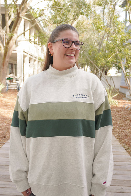 Oatmeal Heather Rosemary Beach® Mock Neck Sweatshirt with Green Chest Stripe and Embroidered Logo