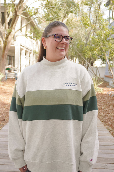 Oatmeal Heather Rosemary Beach® Mock Neck Sweatshirt with Green Chest Stripe and Embroidered Logo