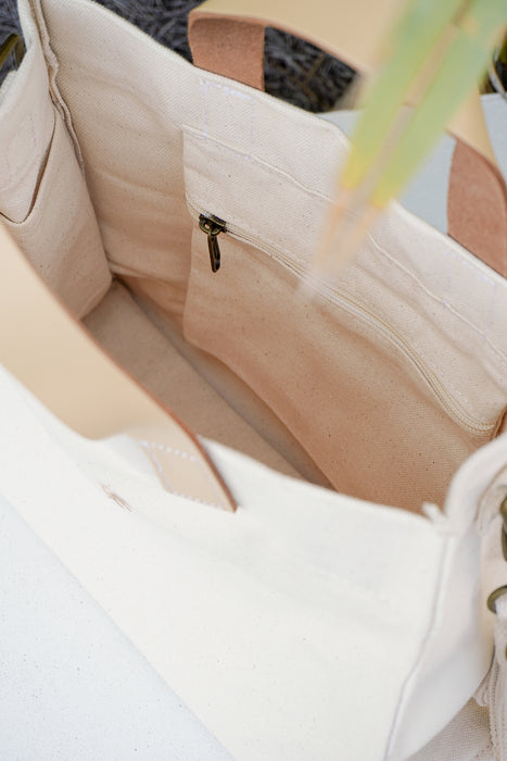 Close-up of a beige handbag with a zipper pocket.