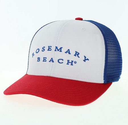 Red White and Blue Rosemary Beach® embroidered logo trucker hat with mesh back and adjustable strap